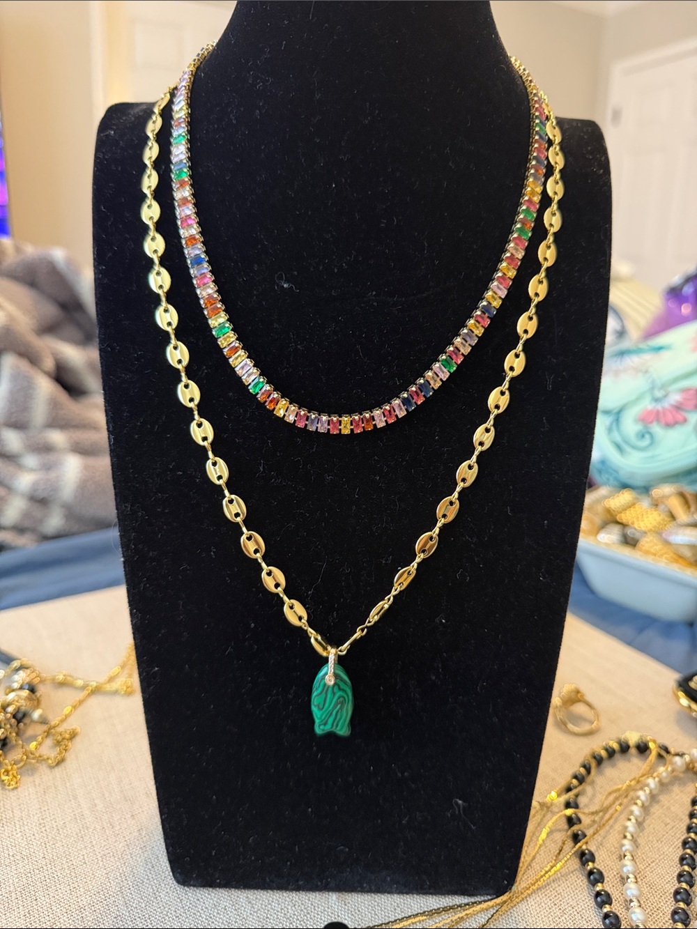 Gold-Tone Layered Necklace Set with Multicolor Crystal Chain and Green Pendant